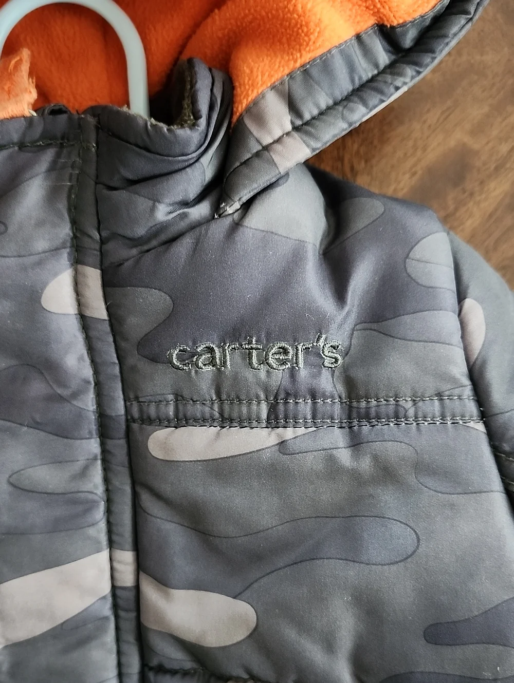 Carter's Camo Green Puffer Jacket with Orange Hood Lining, 2T